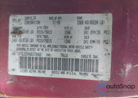 1999 Dodge Dakota Slt/Sport from USA, damaged, VIN 1B7GL22XXXS173969